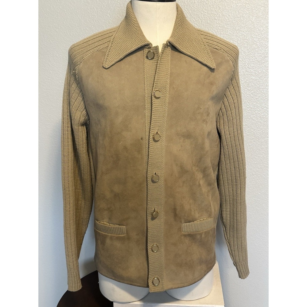 TUNDRA CANADA Vintage Virgin Wool Button Cardigan Sweater‎ Mens M/L Suede Panel